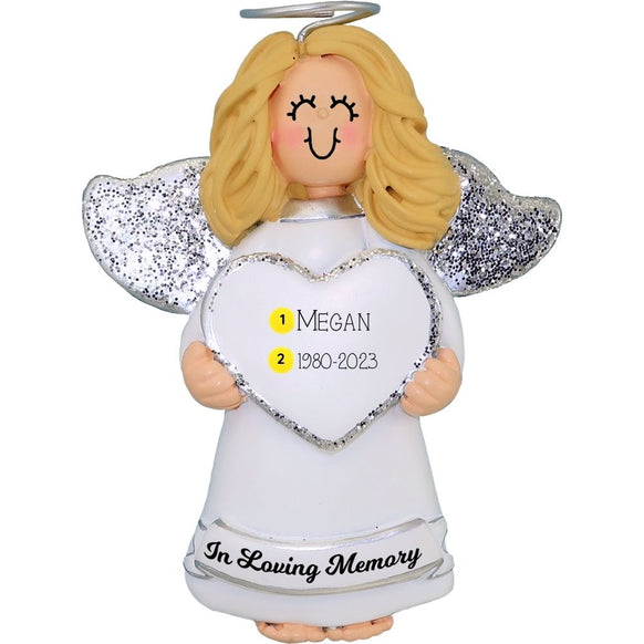 Angel ornament with blond hair holding a heart-shaped plaque in loving memory with personalized name and years on a white background