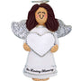 Angel ornament with brown hair holding a heart, 'In Loving Memory' text on a white background