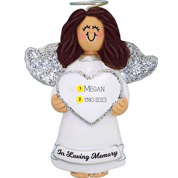Angel in loving memory ornament with a heart-shaped plaque personalized with name and years, on a white background.