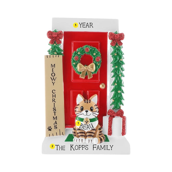 Personalized Meowy Christmas door with cat ornament with the cat’s name on the collar, a family name on the base, and the year above the door.