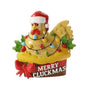 Merry Cluckmas ornament with a chicken in a Santa hat wrapped in colorful Christmas lights, with holly accents and a red bow.