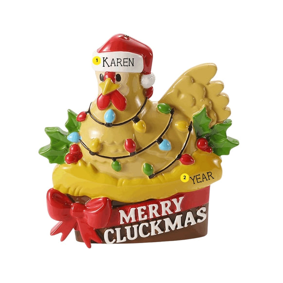 Personalized Merry Cluckmas ornament with a name on the Santa hat and year added beside the chicken.