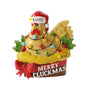 Personalized Merry Cluckmas ornament with a name on the Santa hat and year added beside the chicken.