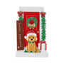 Personalized Merry Woofmas door ornament with a dog in a Santa hat sitting in front of a decorated red Christmas door.
