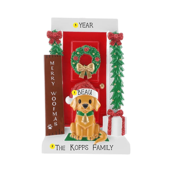Personalized Merry Woofmas door with dog ornament with the dog’s name on the Santa hat, a family name on the base, and the year above the door.