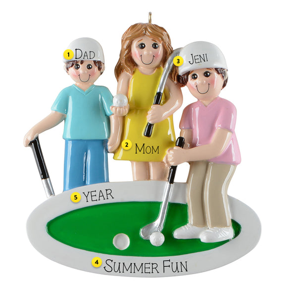 Decorative ornament with family of three on a golf course, each person labeled with a name and the year can be added.