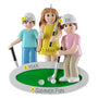 Decorative ornament with family of three on a golf course, each person labeled with a name and the year can be added.