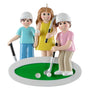 Decorative ornament of three people playing mini golf on a white background