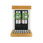 Modern black front door ornament with two Christmas wreaths, gold handles, white siding, wood trim, and black-and-white checkered entryway.