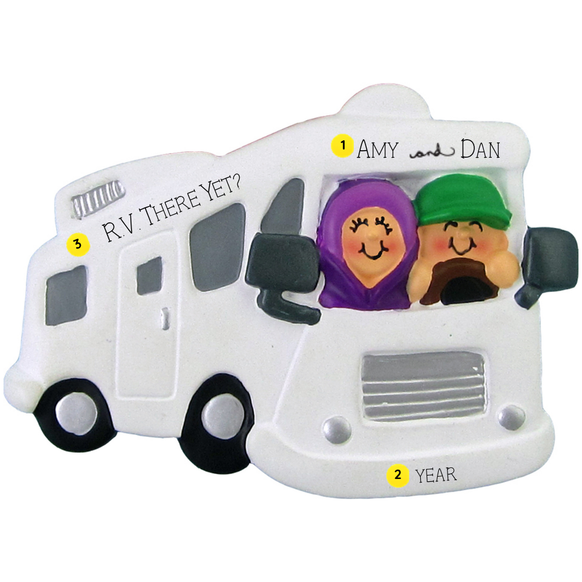 Decorative ornament shaped like a camper with cartoon characters and text on a white background