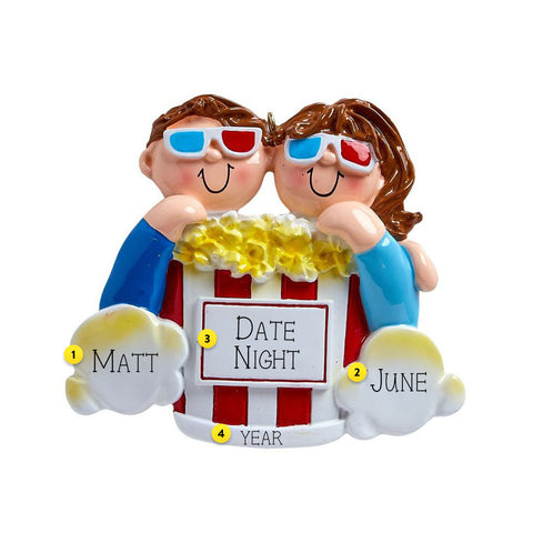 A couple at the movies ornament with popcorn and 3-D Glasses on a white background