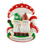 Decorative Christmas ornament with two gnomes under a mushroom, personalized with names and text.