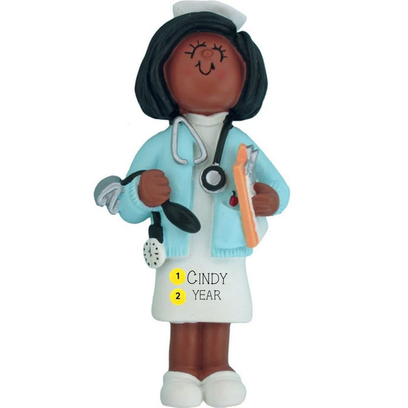 Ornament of a nurse with stethoscope and clipboard on a white background personalized with name and year.