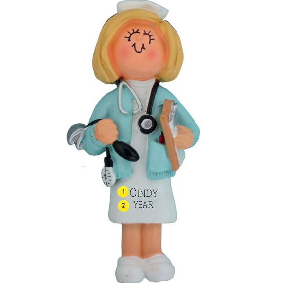 Ornament of a nurse with a stethoscope and clipboard on a white background