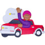 Decorative ornament of a person in a red truck with a cloud in the background. Personalized with name and year. 