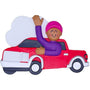 Decorative ornament of a person in a pink hat and purple shirt waving from a red truck on a white background