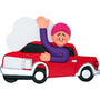 Decorative ornament of a person in a red truck with a cloud in the background. 