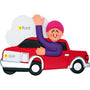 Decorative ornament of a person in a red truck with a cloud in the background. Personalized with name and year. 