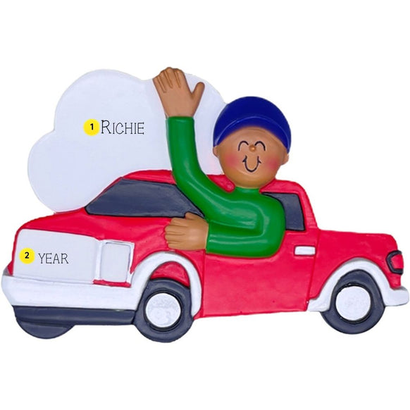 Decorative ornament of a person in a red truck with a cloud in the background. Personalized with name and year. 