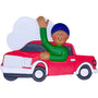 Decorative ornament of a person in a red truck with a white cloud, waving.