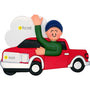 Decorative ornament of a person in a red truck with a cloud in the background. Personalized with name and year. 