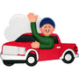 Decorative ornament of a man in a red truck with a white cloud, on a white background.