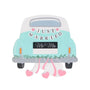 Newlywed getaway car ornament with a mint green vintage car, “Just Married” banner, heart streamers, and a “Mr. & Mrs.” license plate.