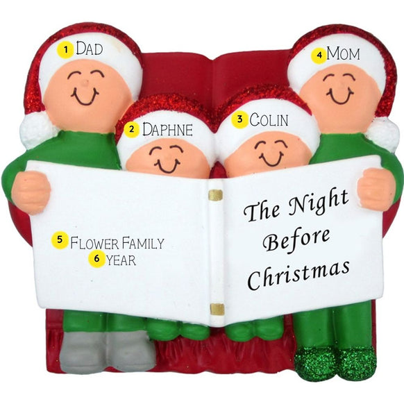Personalized Christmas ornament of a family reading 'The Night Before Christmas' with names and year details.