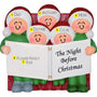 Family of 5 Ornament sitting on the couch reading the Night Before Christmas wearing santa hats on a background personalized with names and year. 