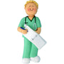 Ornament of a doctor in green scrubs holding a clipboard and pen on a white background
