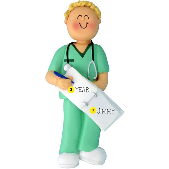 Ornament of a person in green scrubs holding a clipboard personalized with name and year on a white background