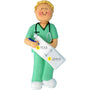Ornament of a person in green scrubs holding a clipboard personalized with name and year on a white background