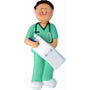 Ornament of a doctor in green scrubs holding a clipboard and pen on a white background