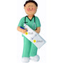 Ornament of a doctor in green scrubs holding a notepad personalized with name and year on white background