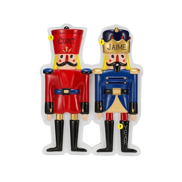 Personalized nutcracker couple ornament with names on the hats and space for a year along the side.