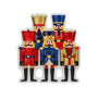 Nutcracker family of 5 ornament with five classic nutcrackers in red, blue, gold, and black uniforms.