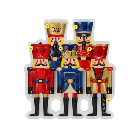 Personalized nutcracker family of 5 ornament with names on the hats and space for a year along the side.