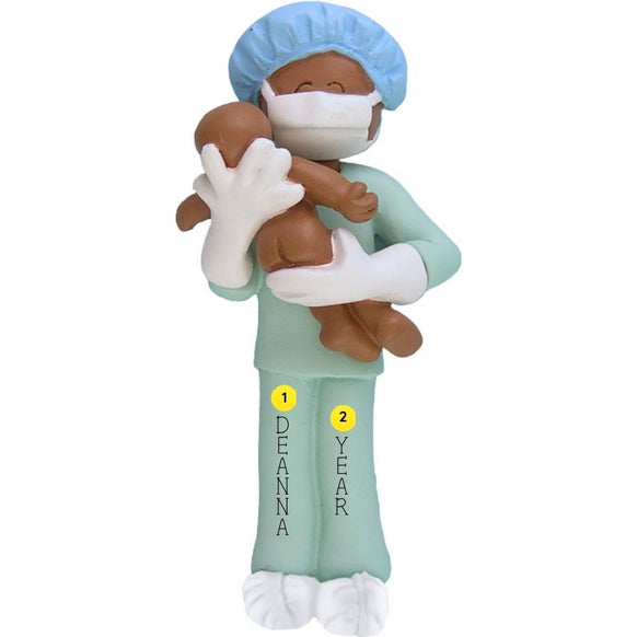 Ornament of a doctor or midwife holding a baby with personalized name and year on a white background