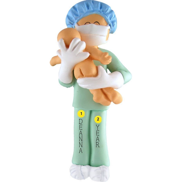 Ornament of a doctor or midwife holding a baby with personalized name and year on a white background