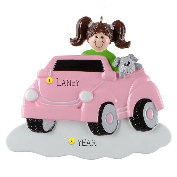 Decorative ornament of a girl in a pink car with a dog, can be personalized