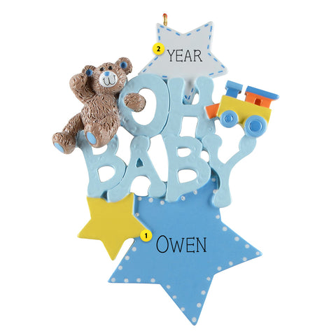 Personalized Oh Baby First Christmas Ornament - Blue with a teddy bear, train, and stars