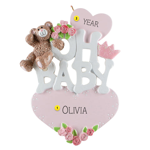 Personalized Oh Baby First Christmas Ornament - Pink with hearts, teddy bear, and crown on white background