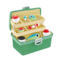 Personalized old fashioned tackle box ornament with fishing lures, bobbers, hooks, and a green tackle box.