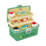 Personalized old fashioned tackle box ornament with a name on the front of the box and the year on the inside lid.