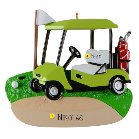 Decorative ornament of a green golf cart with clubs on a white background