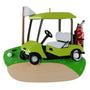 Decorative ornament of a green golf cart with a golf club on a white background