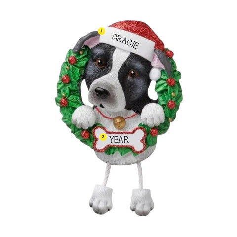 Personalized Pitbull ornament example with name on Santa hat and year on bone-shaped plaque