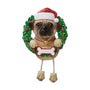 Personalized Pug ornament with Santa hat, Christmas wreath, and blank bone-shaped name plaque