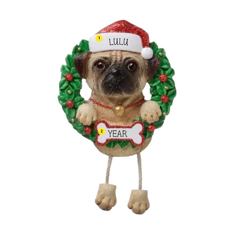 Personalized Pug ornament example with name on Santa hat and year on bone-shaped plaque