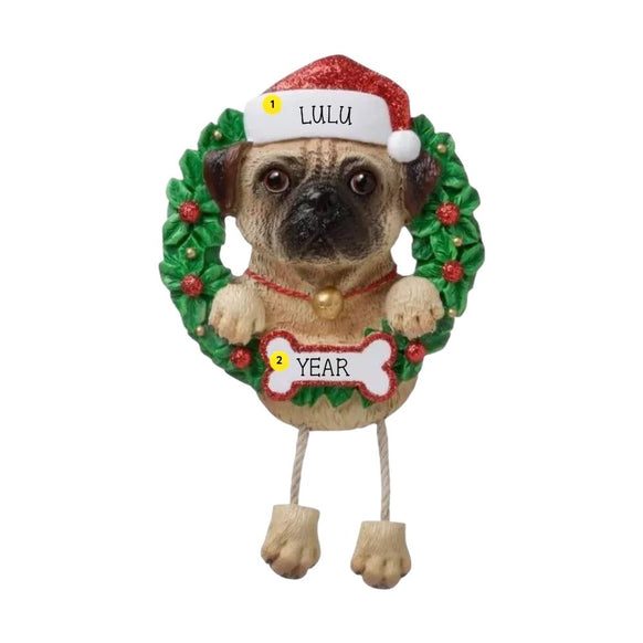 Personalized Pug ornament example with name on Santa hat and year on bone-shaped plaque